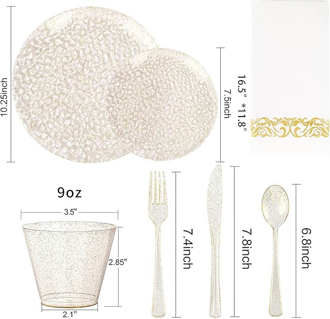 Rubtlamp 350 Pcs Gold Glitter Plastic Plates, Hammered Disposable Plates Set (50 Guests), Glitter Dinnerware Set Include 100 Plastic Plates, 150 Glitter Silverware, 50 Cups And 50 Napkins for New Year
