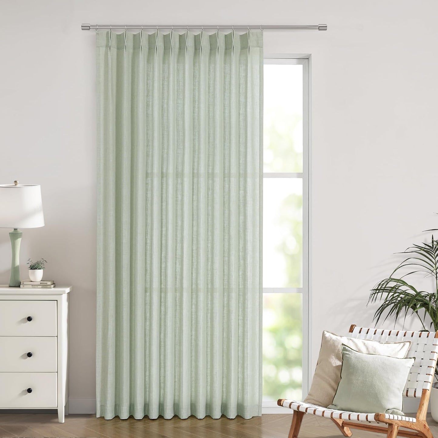 Vision Home Soft Green Pinch Pleated Semi Sheer Curtains Textured Linen Blended Light Filtering Window Curtains 95 inch for Living Room Bedroom Patio Pinch Pleat Drapes with Hooks 1 Panel 60" Wx95 L