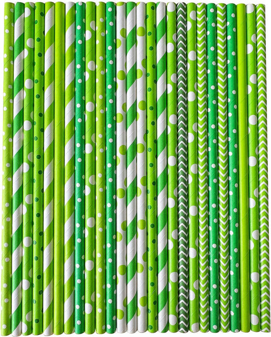 YAOSHENG [100 Pack] Pink & Gold Paper Straws Disposable, 100% Biodegradable Multi-Pattern Party Straws For Birthday, Wedding and Holiday Decoration (Bright Green Series)