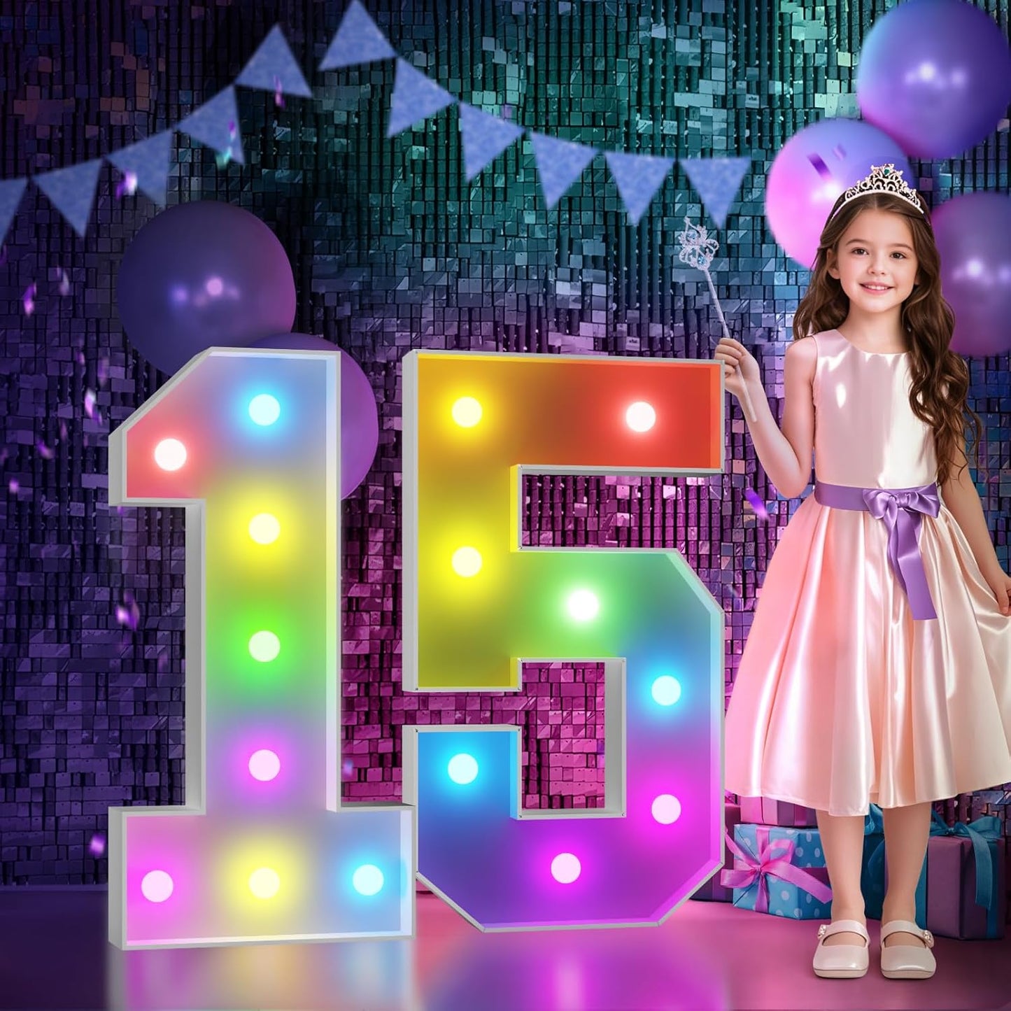 Marquee Numbers 15th-Birthday Decoration: Colorful 3FT Large Light Up Quinceanera Birthday Decorations Anniversary Backdrop for Boys Girls Cardboard Sign 18 Colors Number 15 Mosaic Balloon Frame