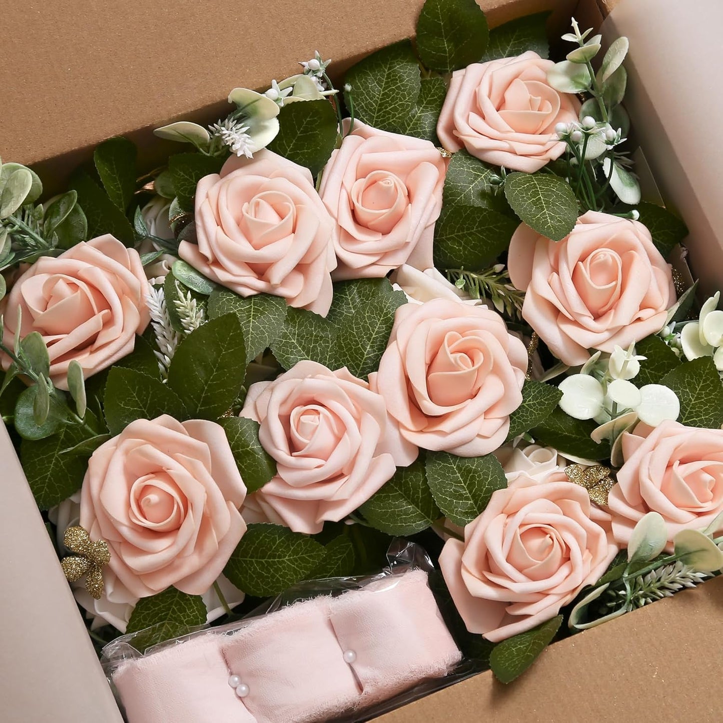 Wedding Aisle Decorations - Set of 10 Pew Flowers - Artificial Roses & Eucalyptus - Pink & Cream - 5.5" x 13" - Elegant Traditional Modern Style - Chair Flowers