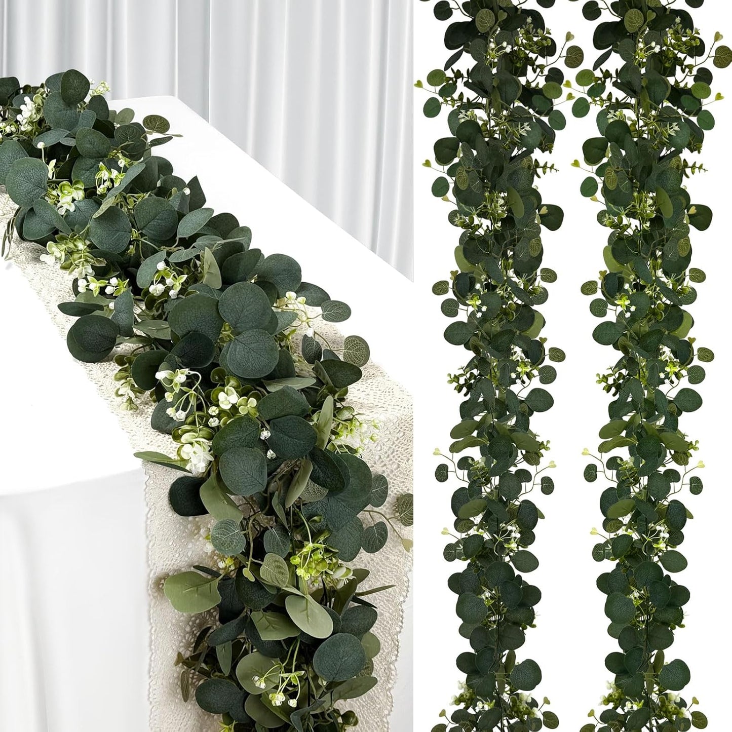 Eucalyptus Garland, 2 Packs 6FTGreen Flower Garland Decor, Artificial Faux Eucalyptus Leaves Greenery Vines for Table Runner Wedding Bedroom Mantle Centerpieces Backdrop Decorations