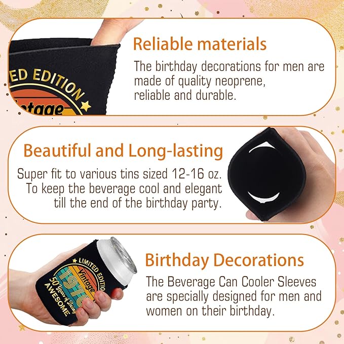 50th Birthday Can Cooler Sleeves Pack of 12-50th Anniversary Decorations- 1975 Sign - 50th Birthday Party Supplies - Black and Gold Fiftieth Birthday Cup Coolers