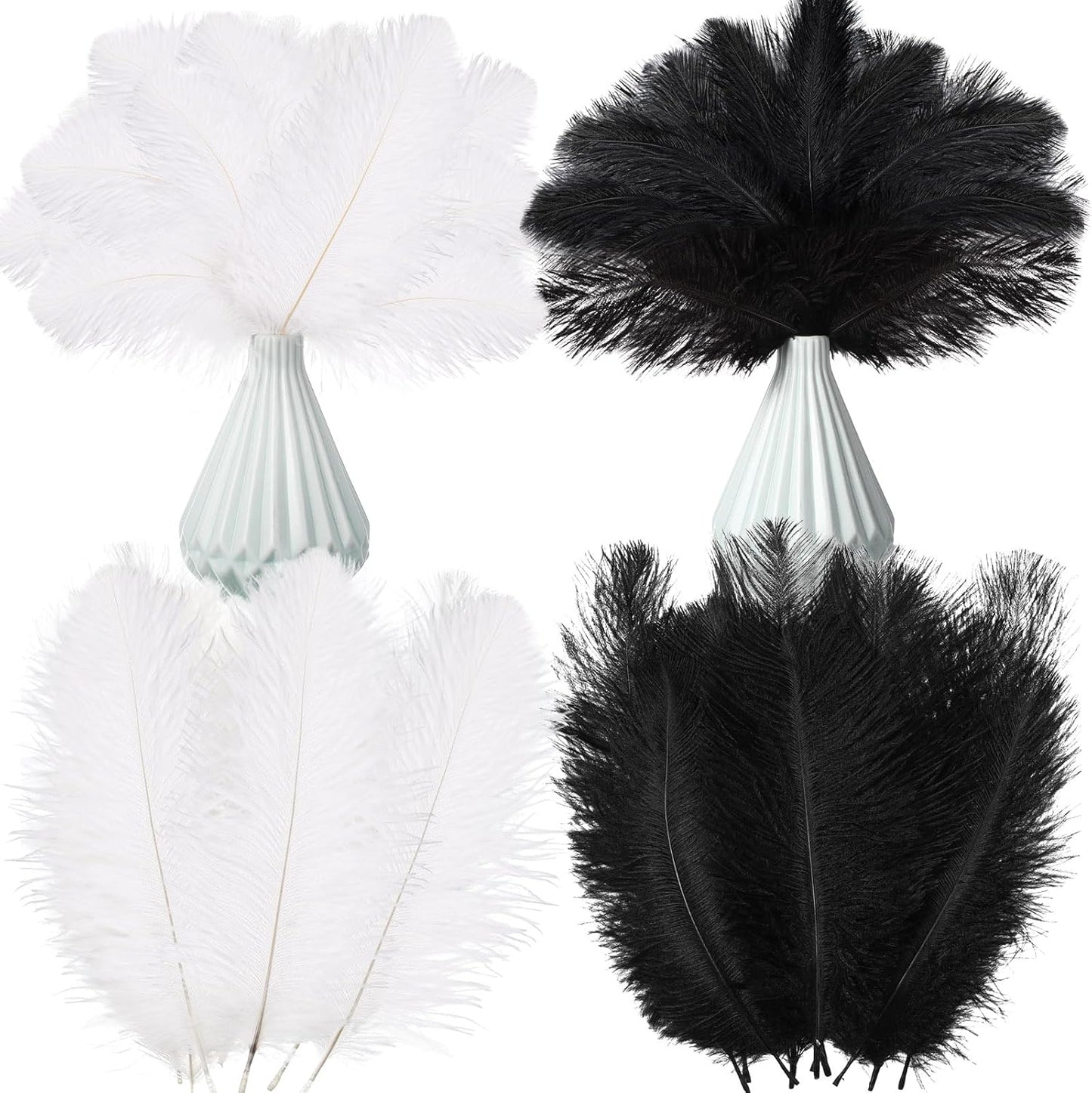 Crowye 100 Pcs Ostrich Feathers Bulk for Centerpieces Craft Ostrich Feathers for Vase Wedding Masquerade Party Home Costume Decorations (6-8 Inch,Black,White)