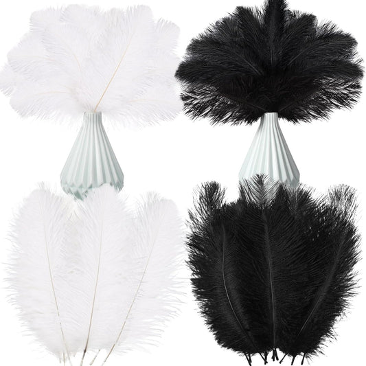 Crowye 100 Pcs Ostrich Feathers Bulk for Centerpieces Craft Ostrich Feathers for Vase Wedding Masquerade Party Home Costume Decorations (6-8 Inch,Black,White)
