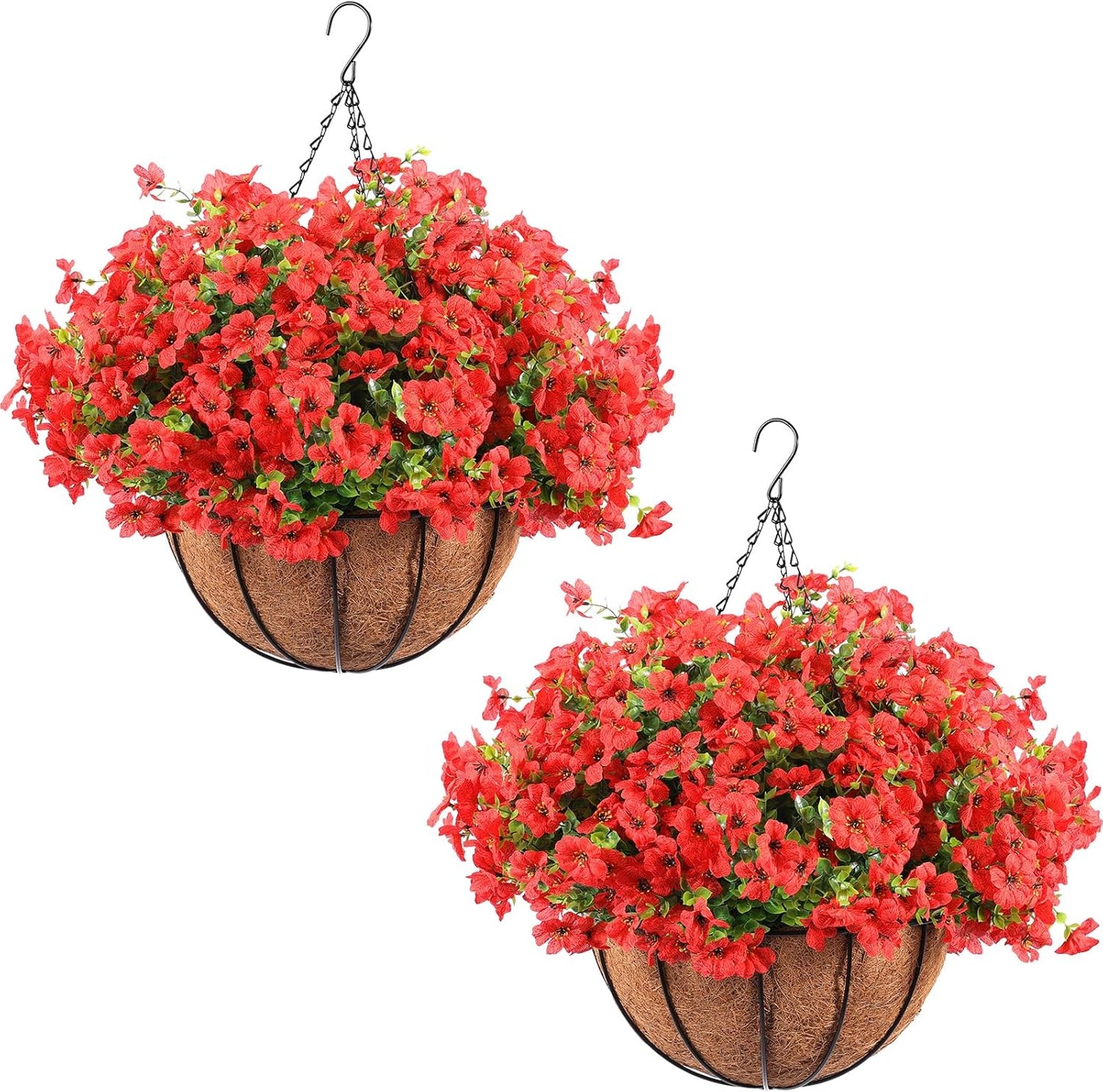 Hananona 24 Pcs Artficial Outdoor Flowers with Hanging Baskets, 2 Pack Hanging Planter with Red Outdoor Spring Flowers for Christmas Porch Home Patio Yard Decor (2, Red)