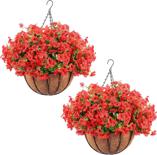 Hananona 24 Pcs Artficial Outdoor Flowers with Hanging Baskets, 2 Pack Hanging Planter with Red Outdoor Spring Flowers for Christmas Porch Home Patio Yard Decor (2, Red)