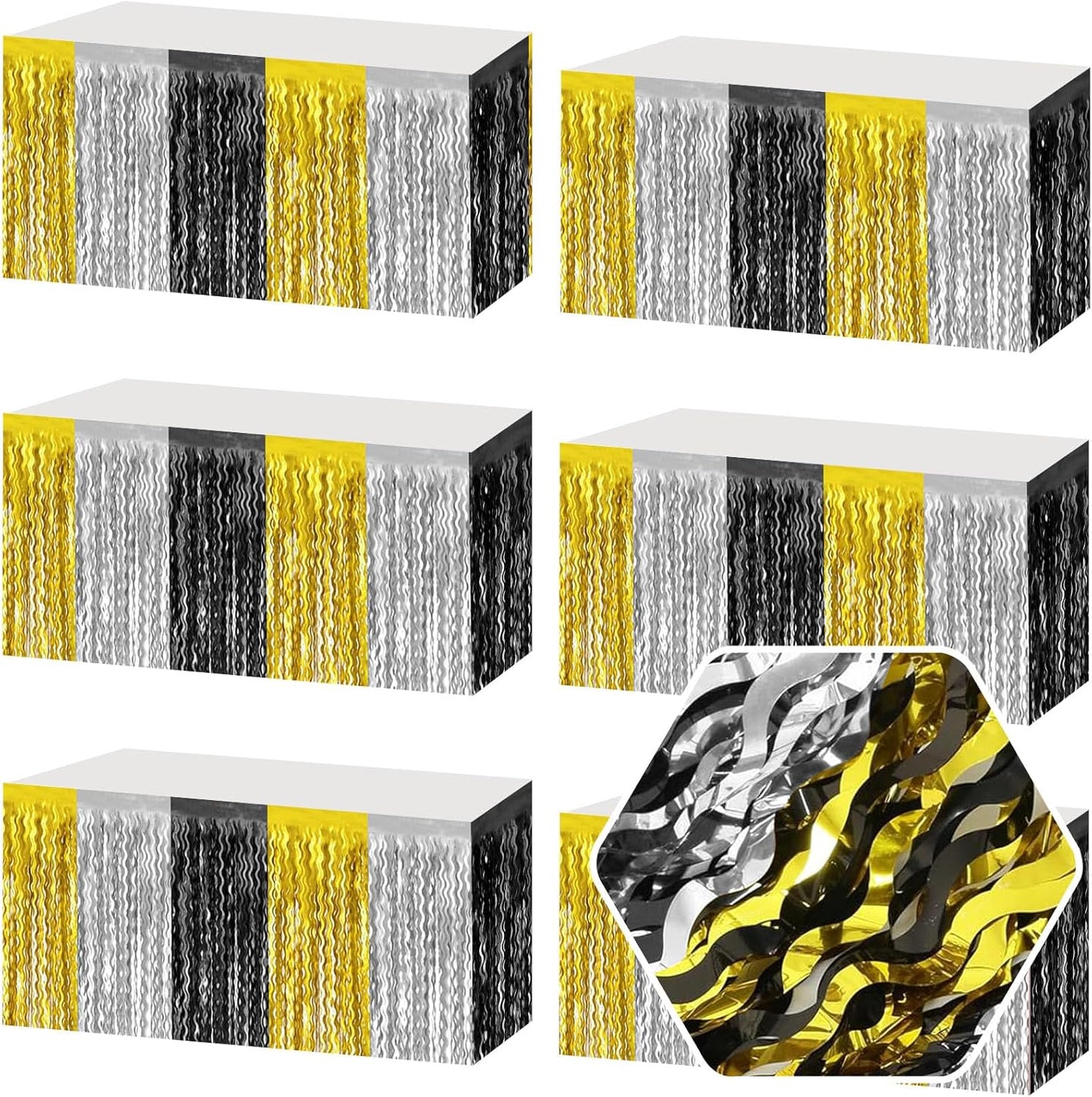 6 Pack 29 x108 Inch Black Gold Silver Wave Foil Fringe Table Skirts Metallic Banner for Tinsel Streamer Garland Backdrop for Parade Floats, Mother's Day, Easter, Wedding, Birthday Party Decoration