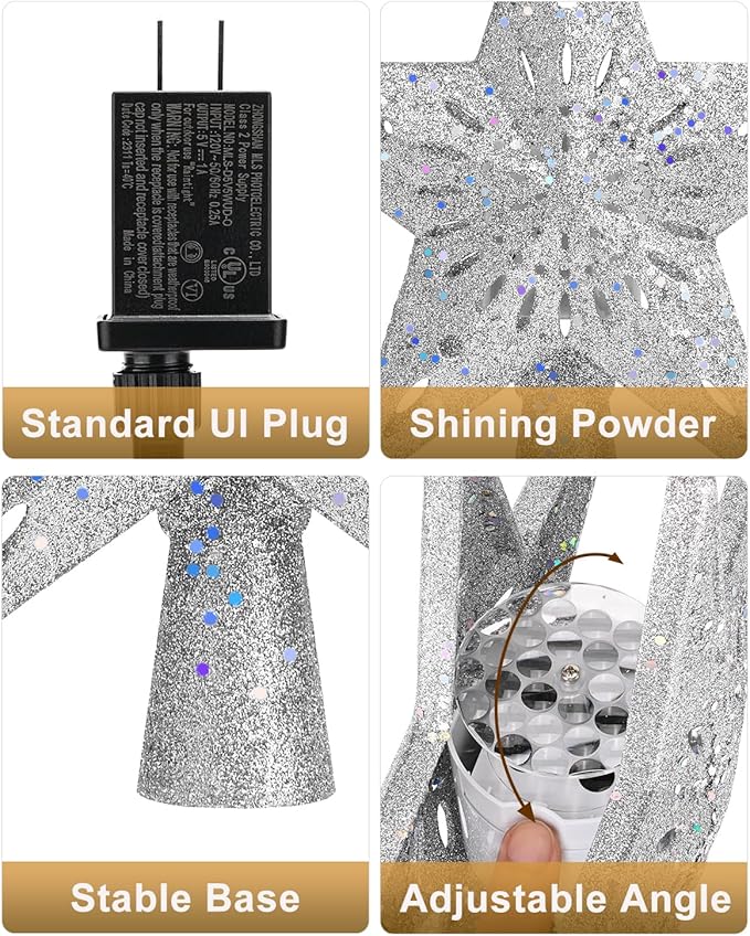 Christmas Tree Topper Star Lighted with Colorful Christmas Light Cord, Built-in 6 Projected Patterns, 3D Glitter LED Rotating Lights for Party Holiday Xmas Decorations Gifts (Silver)