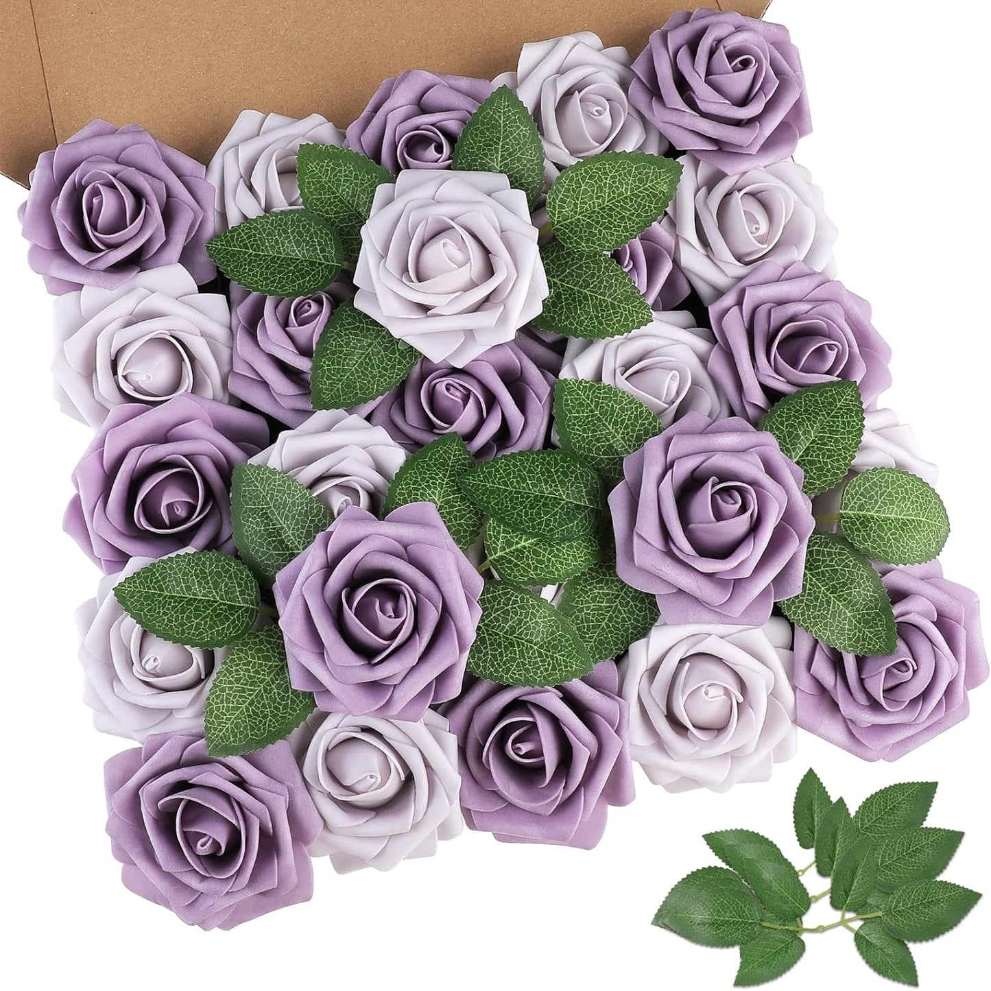 AmyHomie 25pcs Real Looking Artificial Pale Lavender Roses w/Stem for DIY Wedding Bouquets Centerpieces Arrangements Party Baby Shower Home Decorations