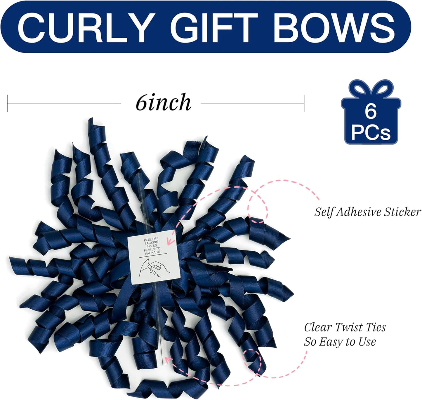 6 Inch Navy Curly Bows for Gift Wrapping Set of 6, Self Adhesive Bows Navy Blue Gift Bows for Presents, Satin Ribbon Bows for Birthday, Wedding, Christmas, Bridal Shower, Gift Wrap Accessory