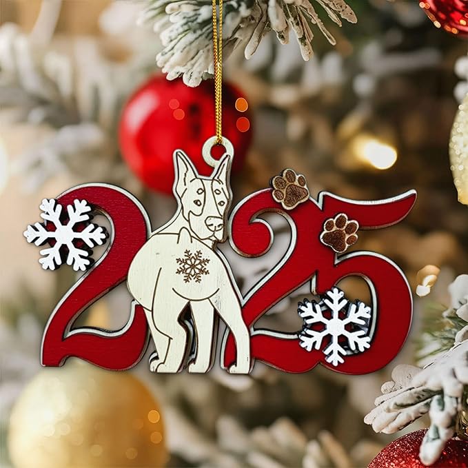 Doberman Pinscher 2025 Wooden Christmas Ornament – Dog Lover Xmas Tree Hanging Decoration, Holiday Keepsake Gift with Snowflakes & Paw Prints