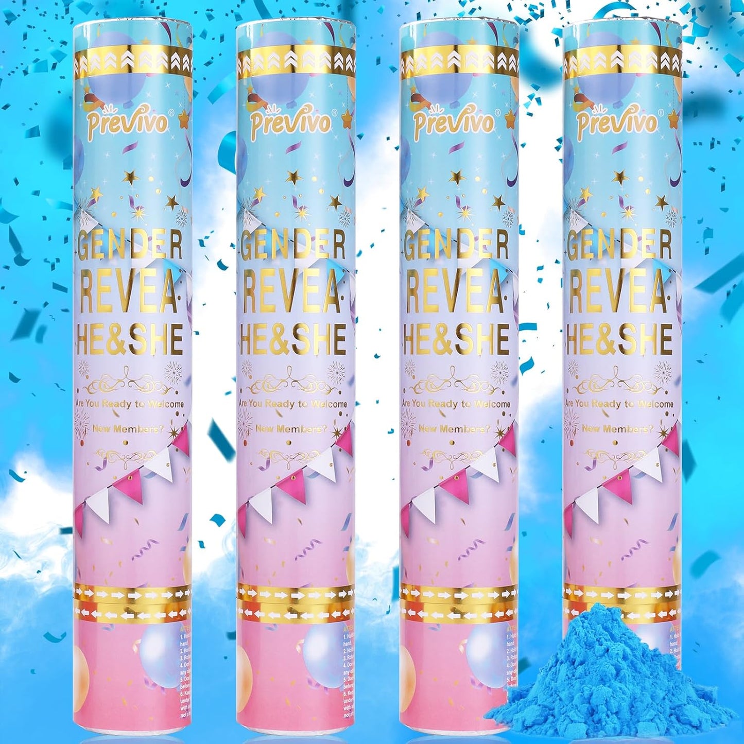 Previvo Gender Reveal Confetti Powder Cannon - 4 Pack Blue Baby Gender Reveal Poppers - 100% Biodegradable Powder Smoke - Ideas Party