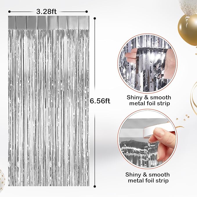 2 Pack Silver Metallic Tinsel Foil Fringe Curtains, Door Streamers Photo Booth Backdrop for Birthday Party, Tinsel Curtain Backdrop for Baby Shower Bachelorette Christmas Party Decorations