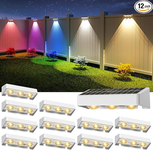 NIORSUN Solar Fence Lights,12 Pack Solars Deck Light,RGB Color,Outdoor Bulb Waterproof Led IP65,Outdoor Fence Light,Power Patio Lamp with Lenses for Outside/Backyard/Railing/Yard(White)