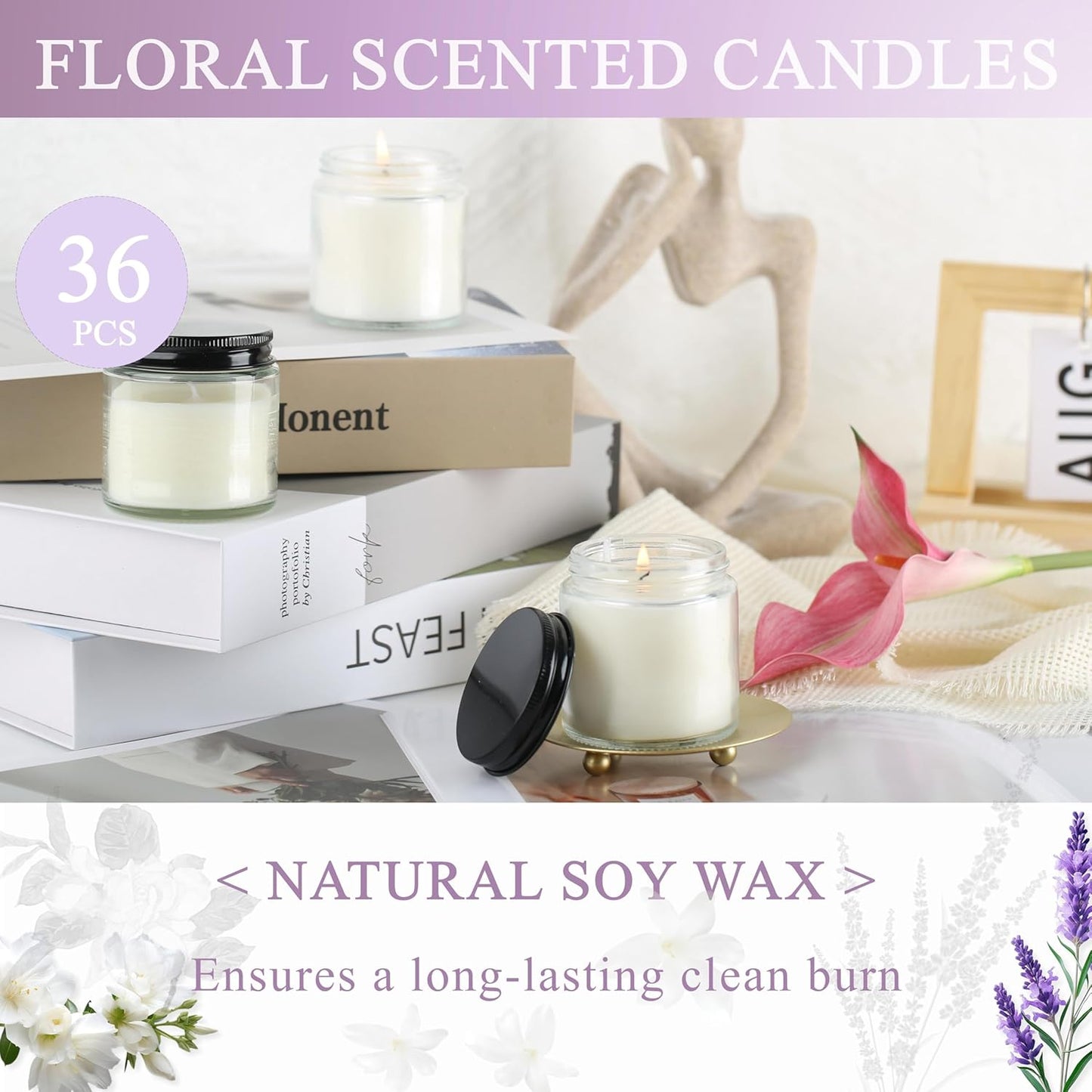 ACITHGL 36 Pcs 4oz Mini Mason Jar Candles Small Scented Candles Bulk Aromatherapy Ideal Souvenir Favors for Wedding Birthday Party (Freesia, Lavender, Jasmine, Black)