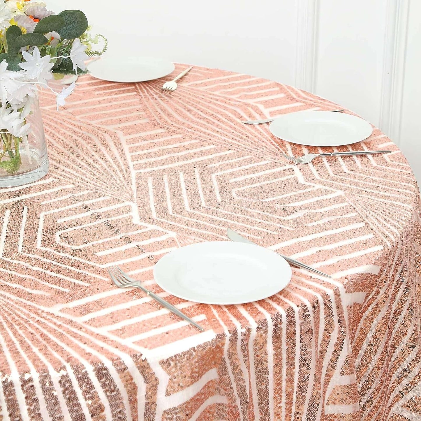 Efavormart 72" Blush Rose Gold Sparkly Sequin Geometric Tulle Square Table Overlay