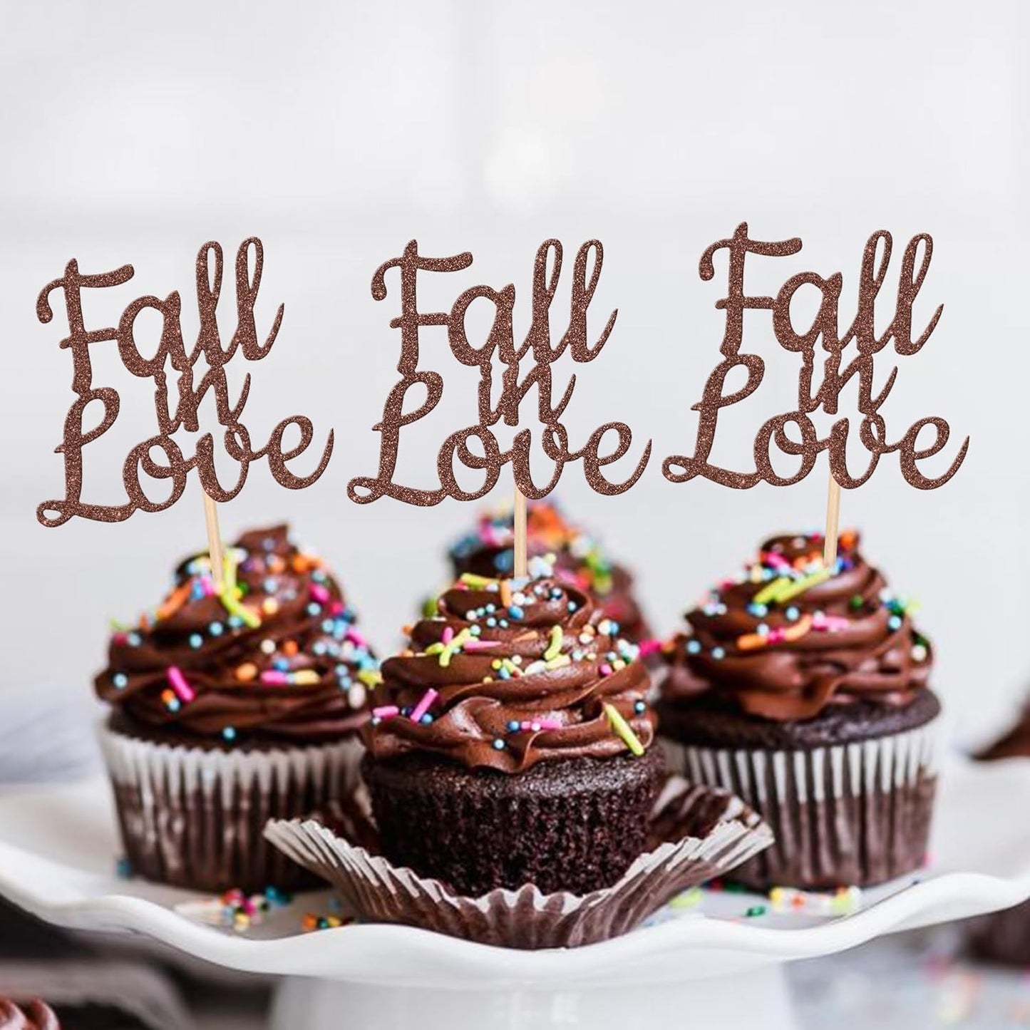 24 PCS Fall in Love Cupcake Toppers Glitter Fall Theme Party Cupcake Picks Bridal Shower Cupcake Decorations for Autumn Wedding Engagement Anniversary Birthday Party Cake Decorations Supplies Brown