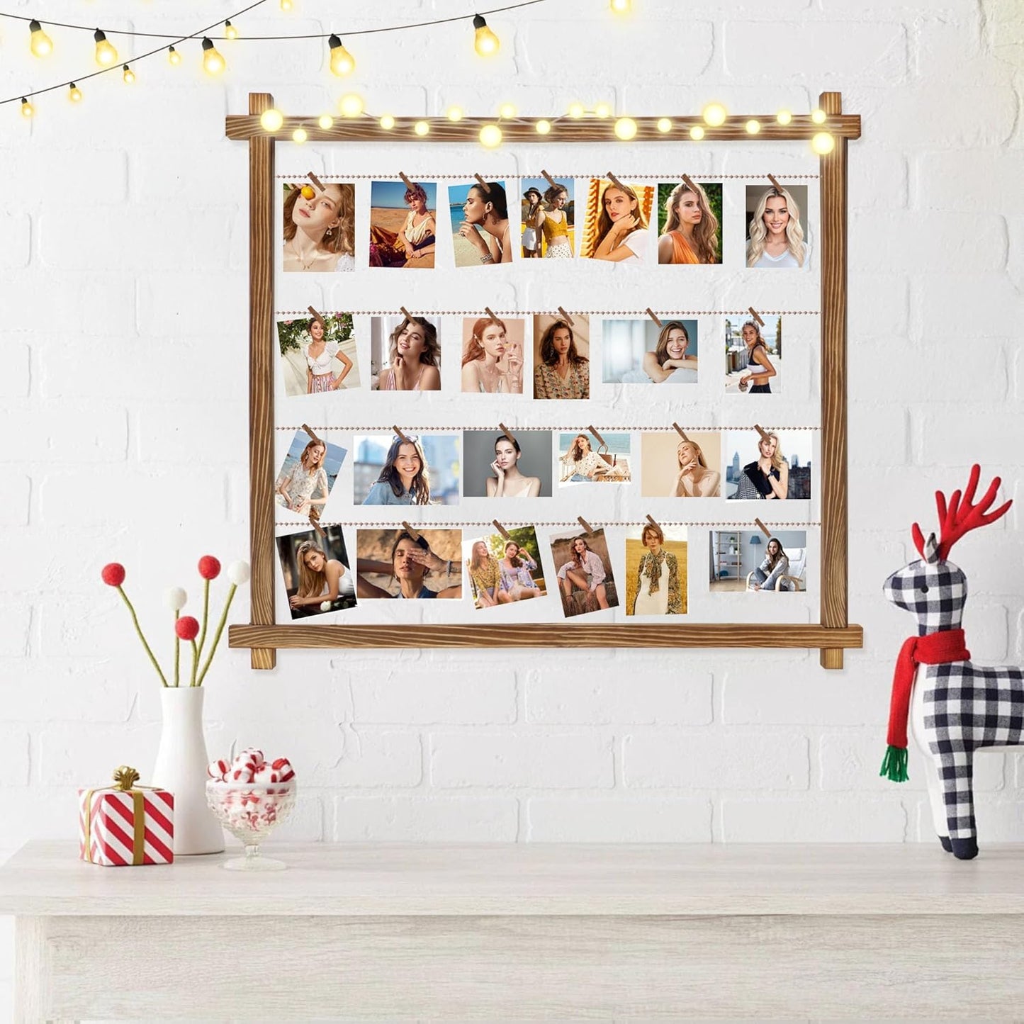 Collage Picture Frame,Photo Display Board,Hanging Pictures Frames with Clips for Graduation Birthday Party,Dorm Photo Card Wall Decor Hanger Holder,Upgraded,Easy To Assemble,Large(Carbonized Brown)