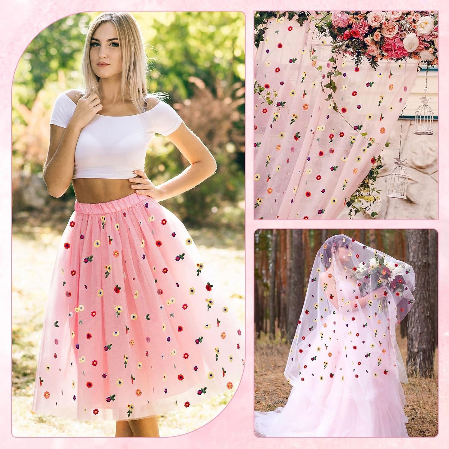 6PCS Pink Floral Table Runner 10 FT, Embroidery Daisy Table Runners Seasonal Sheer Tulle Table Runner for Thanksgiving Wedding Birthday Baby Shower Party ﻿