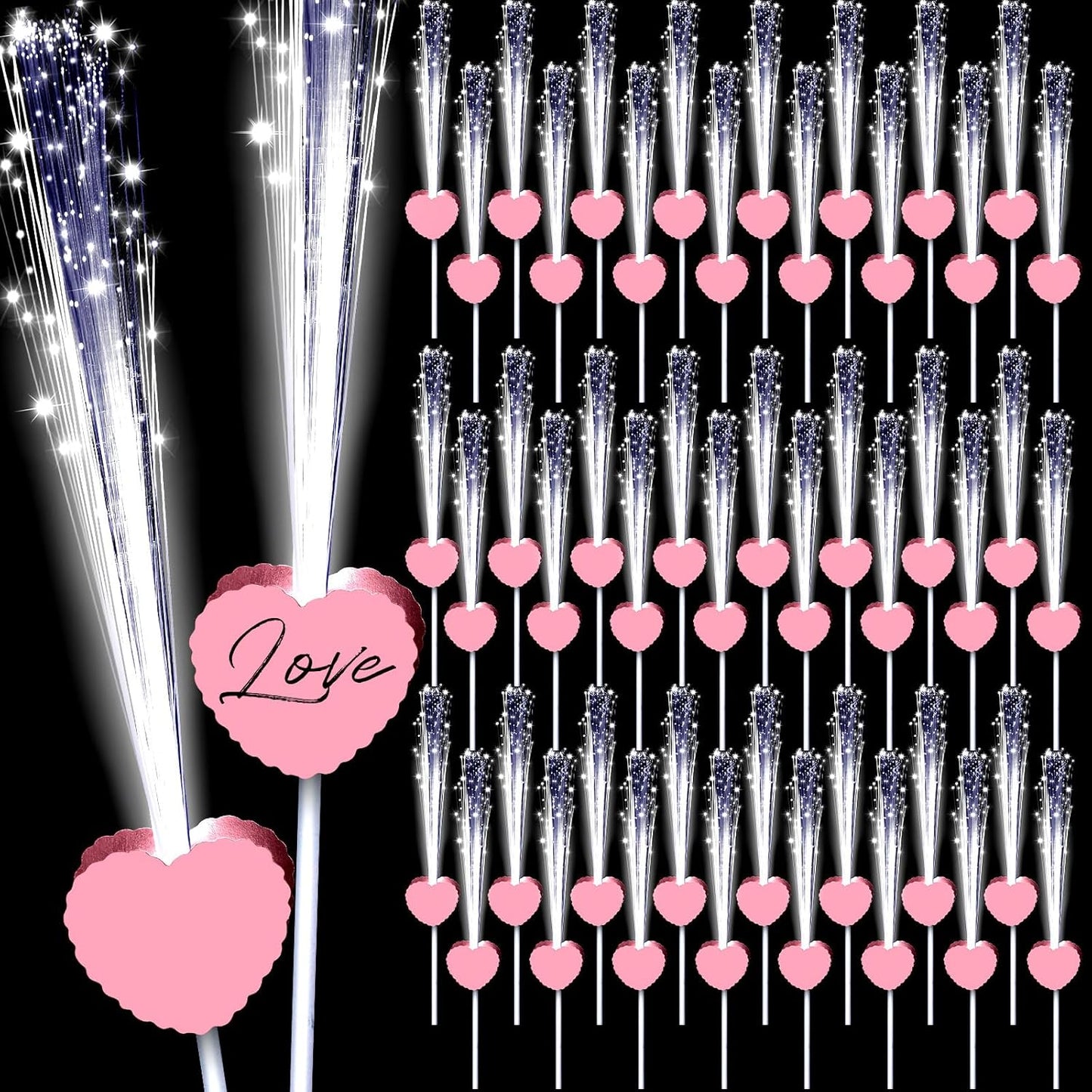 50 Pcs Wedding Sparklers Heart Shaped LED Glow Sticks Fiber Optic Wands Light up Wand with 3 Light Mode for Wedding Bridal Shower Birthday Glow in the Dark Party Supplies (Pink)