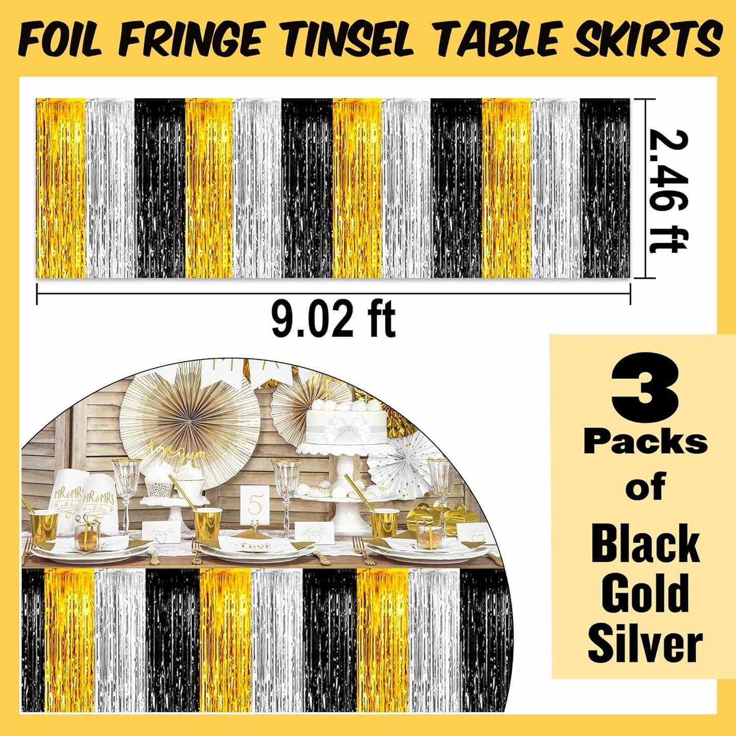 3 Pack Black Gold Silver Foil Fringe Table Skirts Metallic Tinsel Streamers Garland Banner Backdrop for Table Decor, Parade Float, Birthday, Wedding, Halloween, Christmas Party Decorations(29x108 In)
