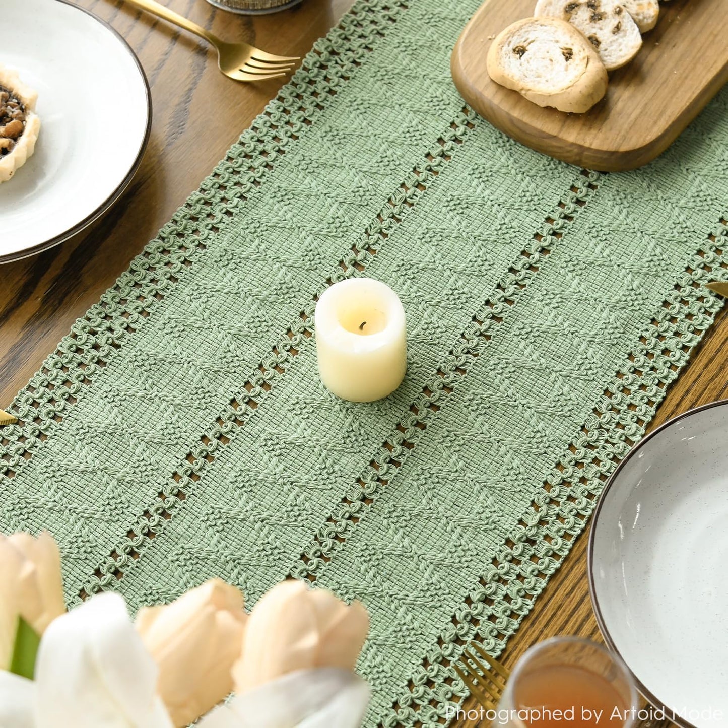 Artoid Mode Light Green Farmhouse Woven Rustic Hollow Table Runner, Seasonal Holiday Hollow Kitchen Dining Table Decoration for Home Party Decor 12x108 Inch