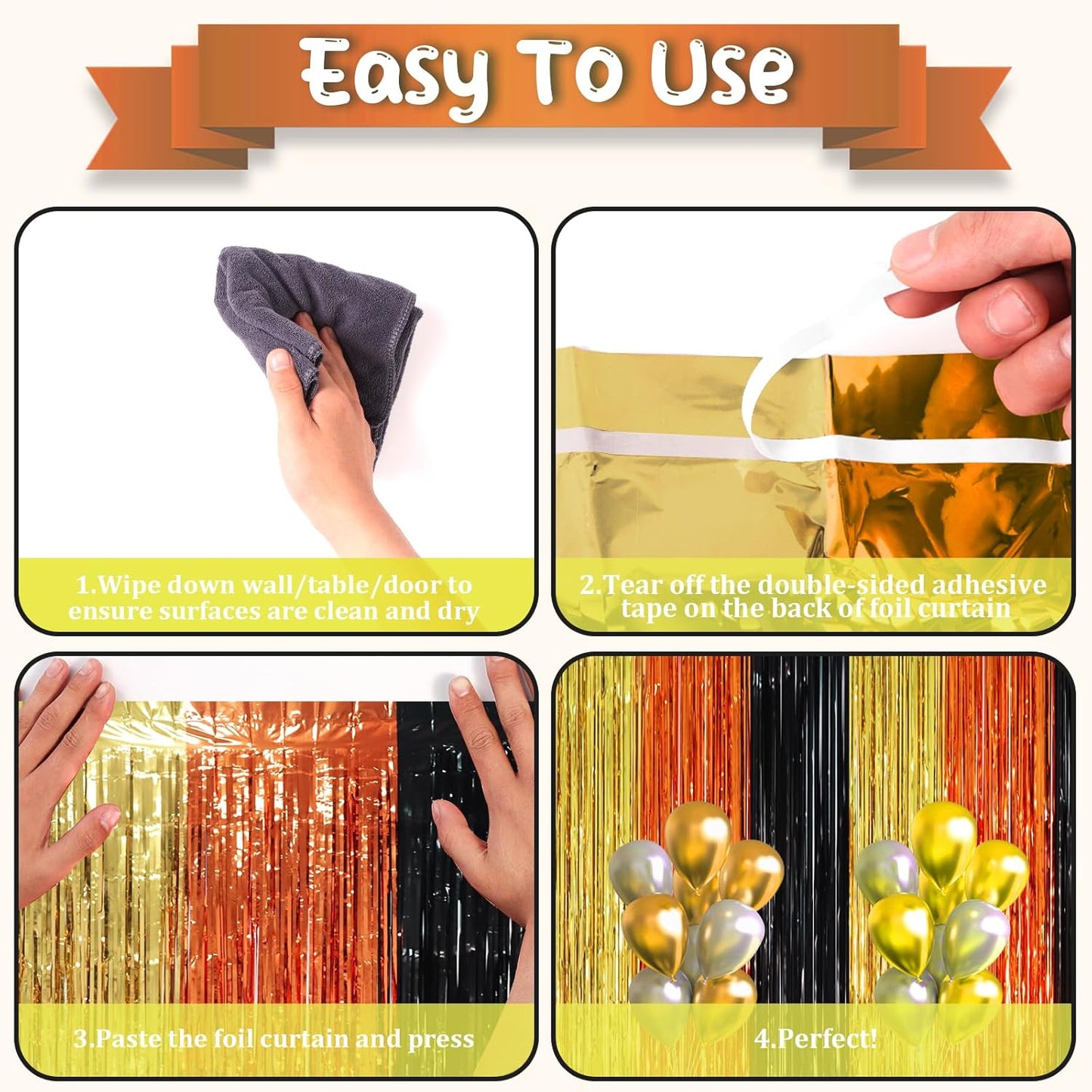 2 Pack Black Gold Orange Foil Fringe Backdrop Curtains, Tinsel Streamers Party Decorations, Fringe Backdrop, Door Shimmer for Construction or Birthday Party