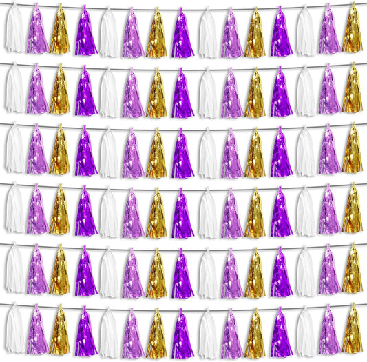 6P Purple-Gold Party Decoration Tassel Garland, Tassels Banner Streamers for Parade Floats, Bachelorette, Wedding, Birthday, Graduation, Christmas, Bridal/Baby Shower Party Decorations
