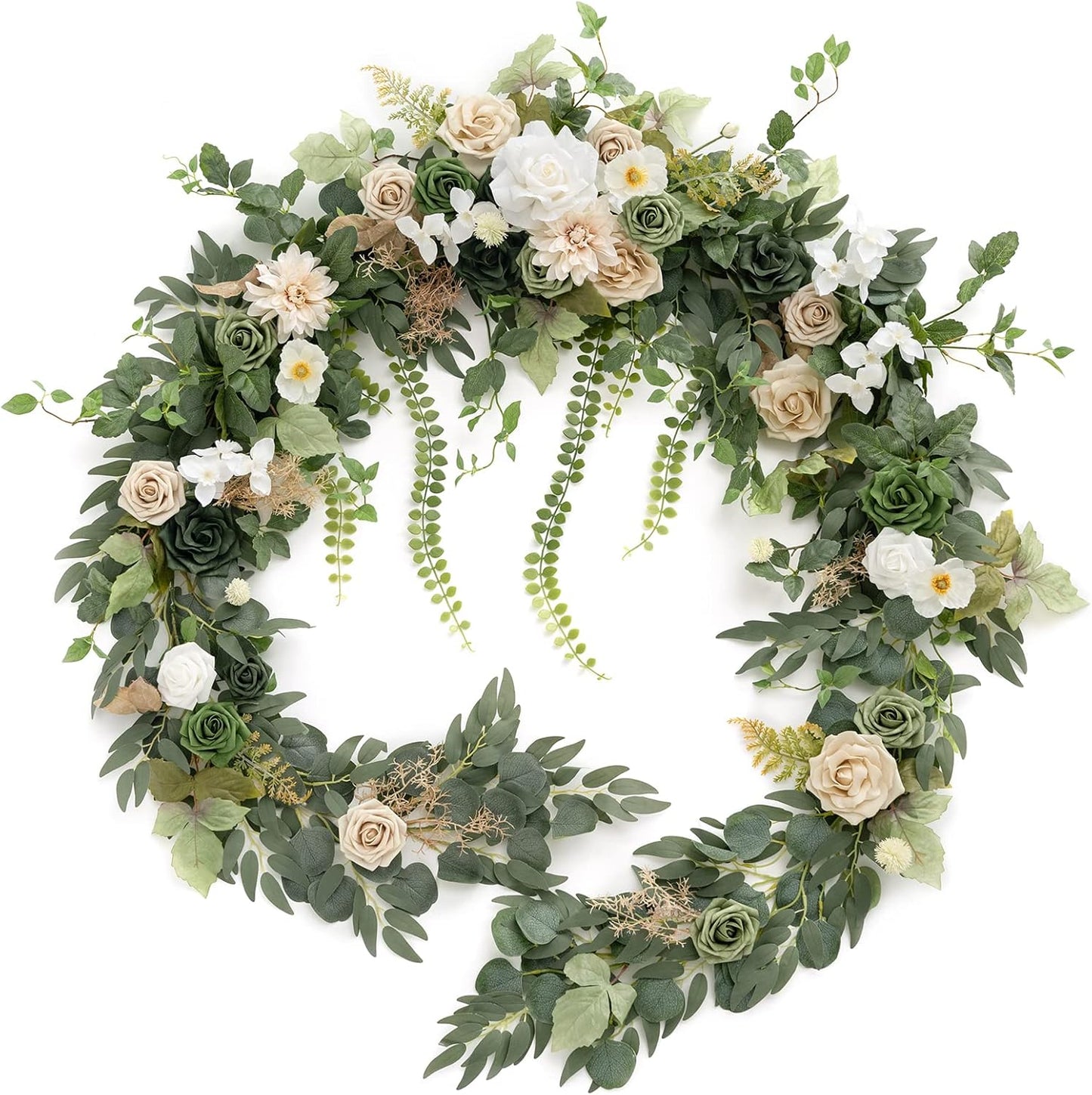Ling's Moment 9FT Flower Garland for Backdrop Decoration - Wedding Arch Flowers, Eucalyptus & Rose, Artificial Floral Garland for Mantle - Sweetheart Table Decor for Ceremony, Christmas, Emerald Tawny