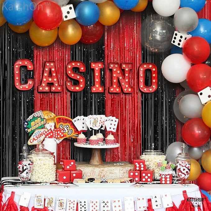 KatchOn Red and Black Fringe Curtain - 6.4x8 Ft Pack of 2 | Red and Black Streamers for Casino Theme Party Decorations | Foil Fringe for Anniversary, Bachelorette, Birthday Decorations