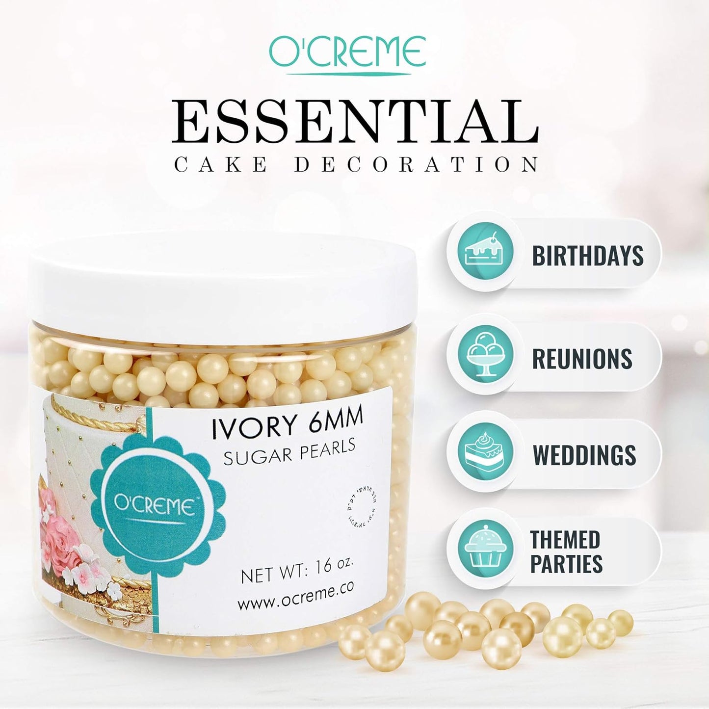 O'Creme Ivory Edible Sugar Pearls Cake Decorating Supplies for Bakers: Cookie, Cupcake & Icing Toppings, Beads Sprinkles For Baking, Certified, Candy Sugar Ball Accents (8mm, 11 Lbs)