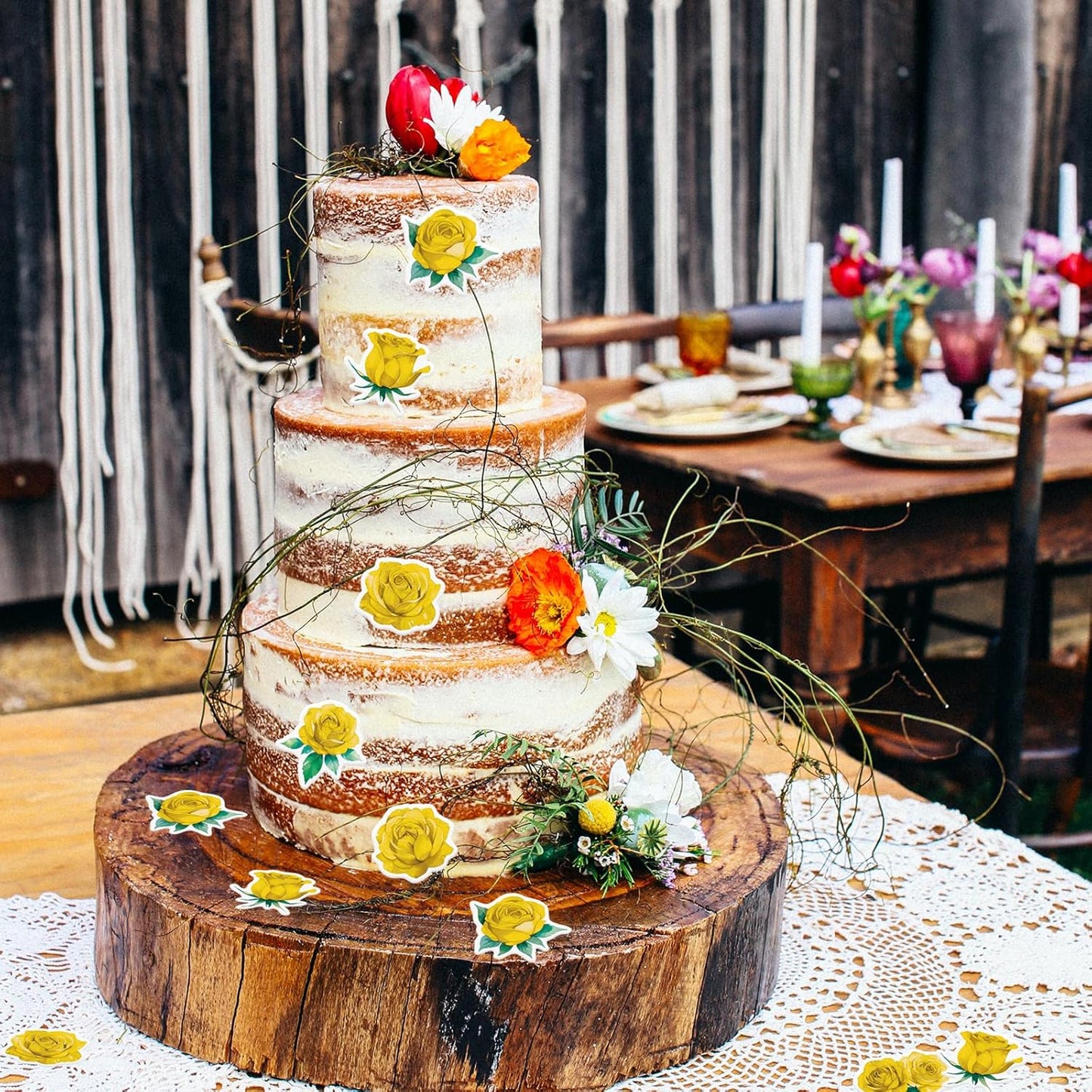 48PCS Edible Rose Flower Cupcake Toppers Wafer Paper Roses Decorations Flower Birthday Party Decorations Rose Cake Toppers for Wedding Engagement Birthday Party Cake Decor Supplies (Yellow)