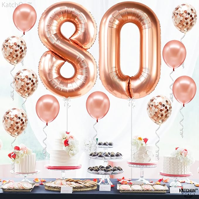 KatchOn, Giant 80th Rose Gold Balloon Numbers - 40 Inch | | Rose Gold 80th Birthday Balloons Set Pack of 12 | Rose Gold for 80 Birthday Decorations for Women, 80 Happy Anniversary Decorations