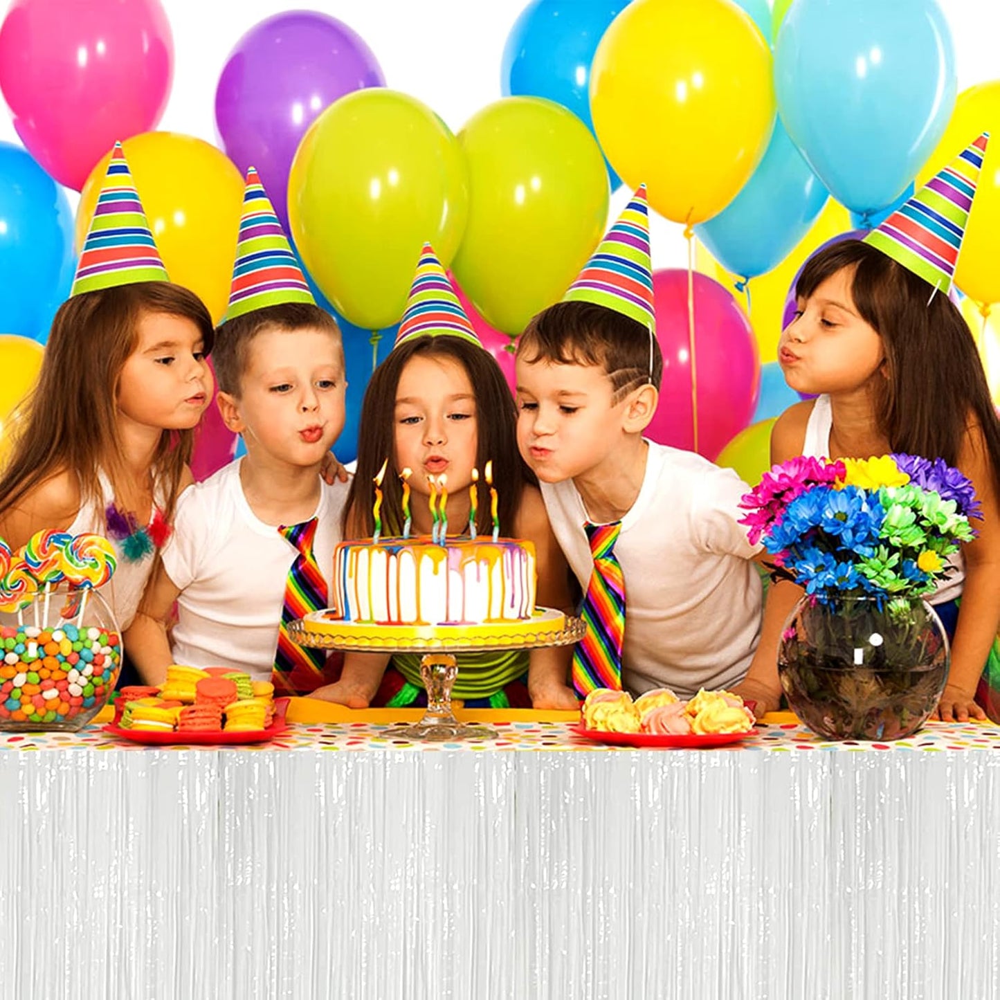 4 Pack 29x108 Inch Metallic Foil Fringe Tinsel Table Skirts for Rectangle Tables Streamer Curtains Backdrop for Wedding, Birthday, Parade Floats, Christmas, Halloween Party Decoration(White)