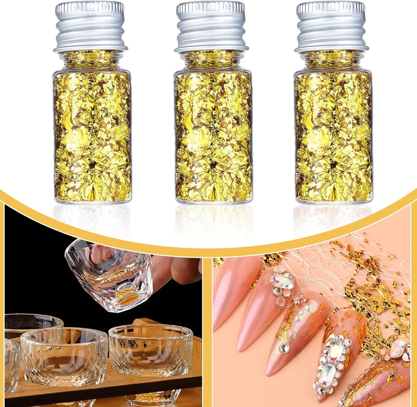 6Pcs Decorative Gold Leaf, Multifunction Gold Leaf Cake Decoration Baking Foil Decor for Cooking Dessert Steak Decoration Crafts Makeup Leaves with Plastic Tweezers