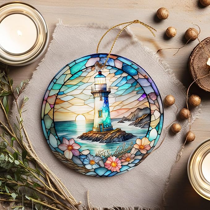 Stained Ceramic Lighthouse Ornament - Christmas Tree Ornaments - Christmas Decorations - Lighthouse Decor for Office, Room, Home - Holiday Present Ideas