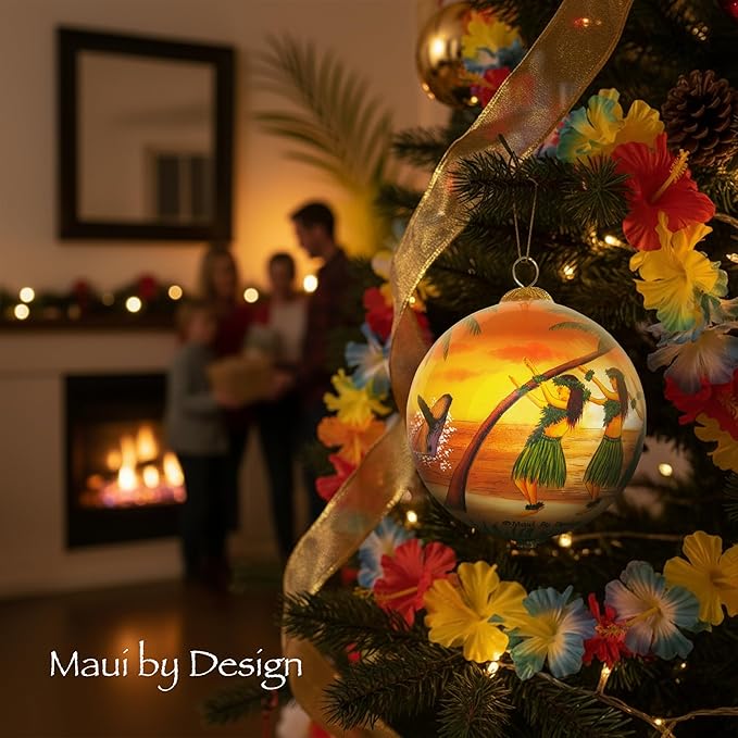 Collectible Maui Christmas Ornament - Sunset Hula Hand Painted from Inside Collectible with Gift Box SH/M