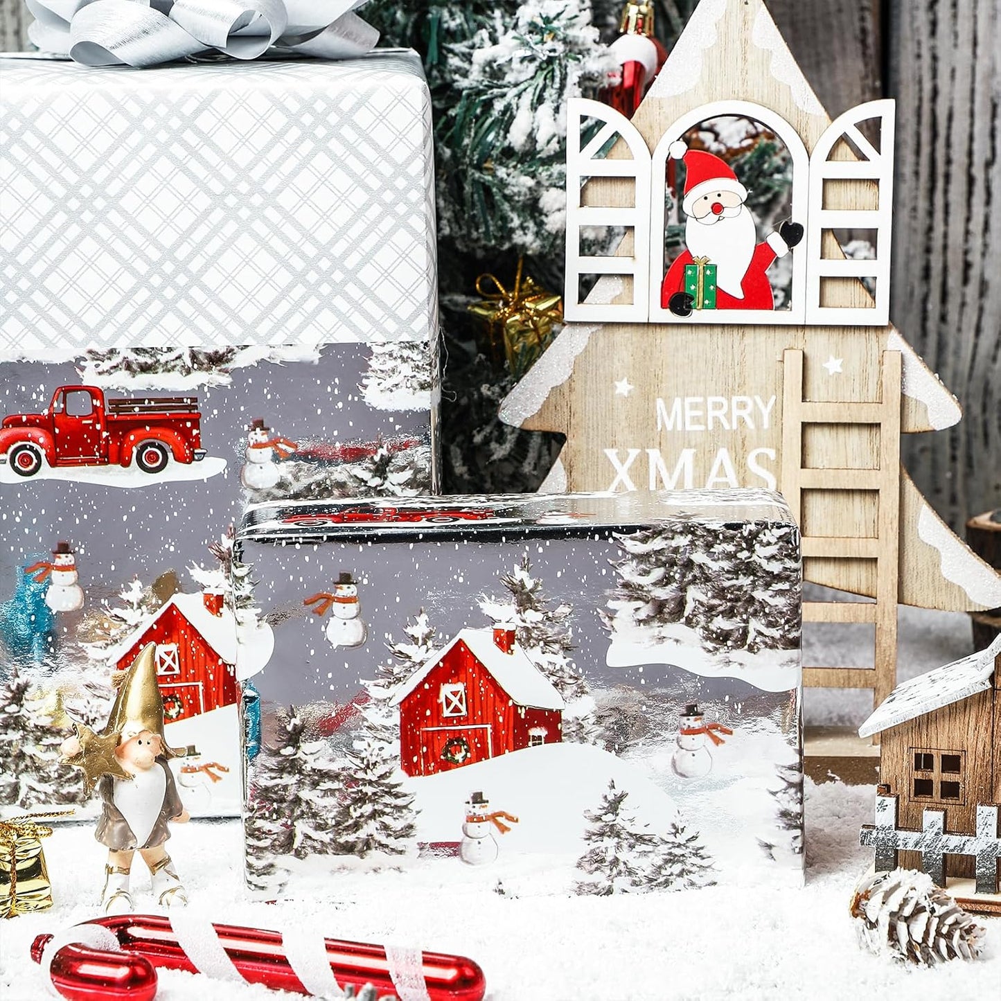 LeZakaa Christmas Silver Wrapping Paper Jumbo Roll for Boy Kid, Red Truck, Snowy Pine Forest & Grid Plaid, Silver Foil Reversible Design for Winter Holiday Family Gathering, 30 inches x 32.8 Feet