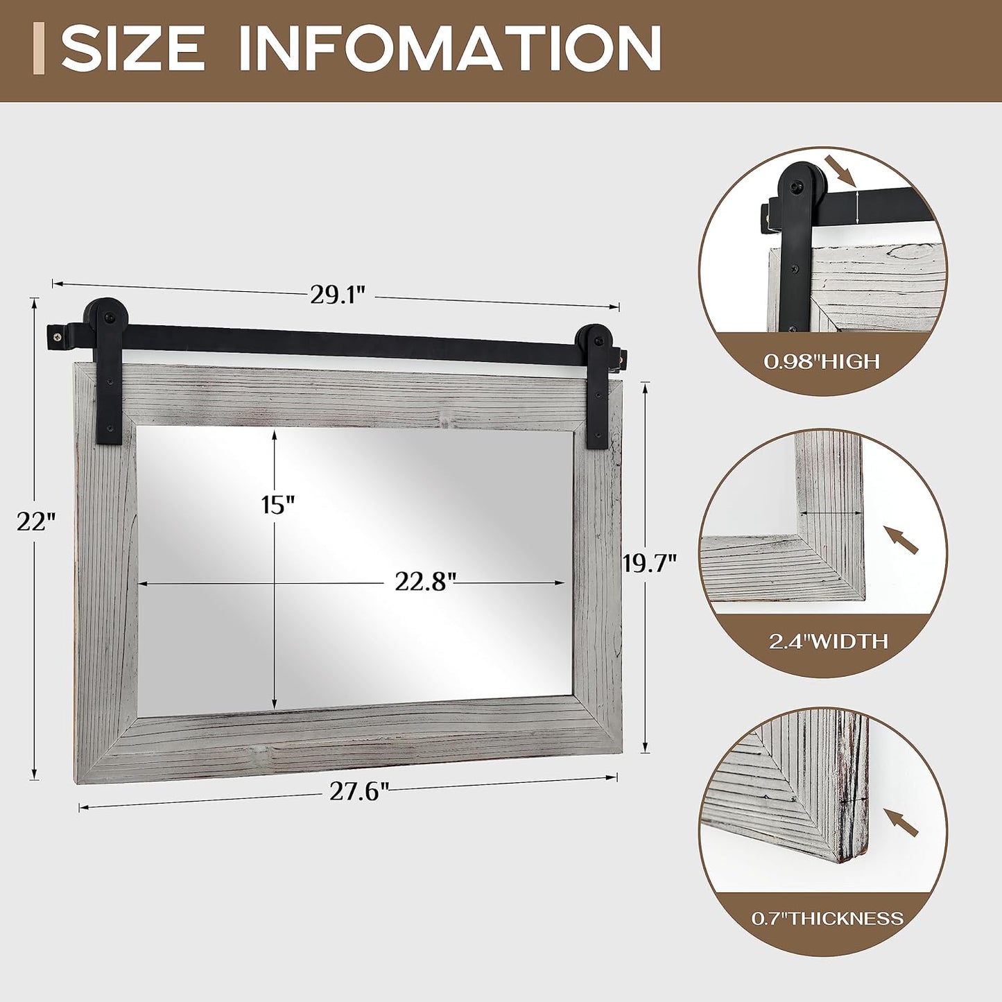 COGOOD Farmhouse Barn Door Mirror - 29" x 22" Rustic Wood Framed Wall Mirror for Bathroom, Living Room, Entryway Wall Decor (Grey)