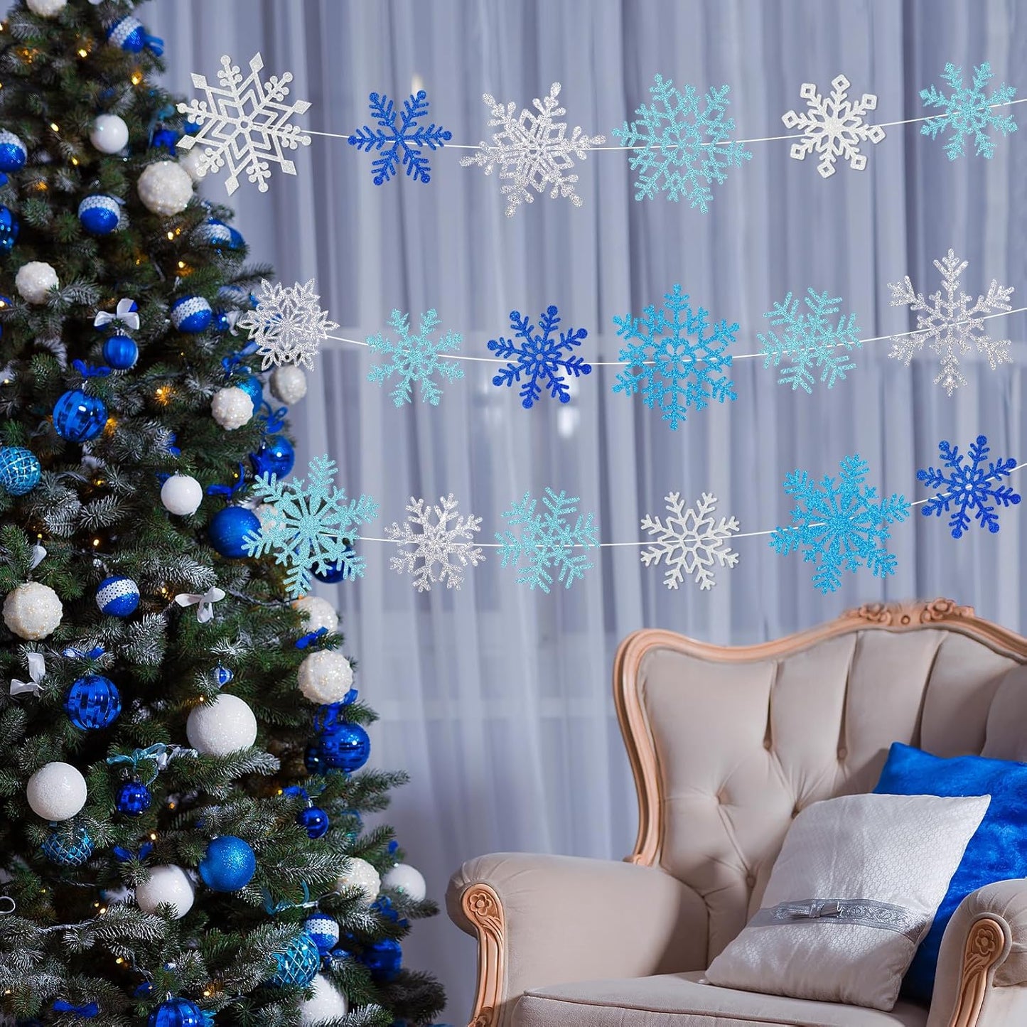 Winter Snowflake Cutouts Glitter Paper Decorations - 50Pcs Blue and Silver Double-Side Christmas Cutouts for Holiday Winter Wonderland Bulletin Board, Frozen Party Decor