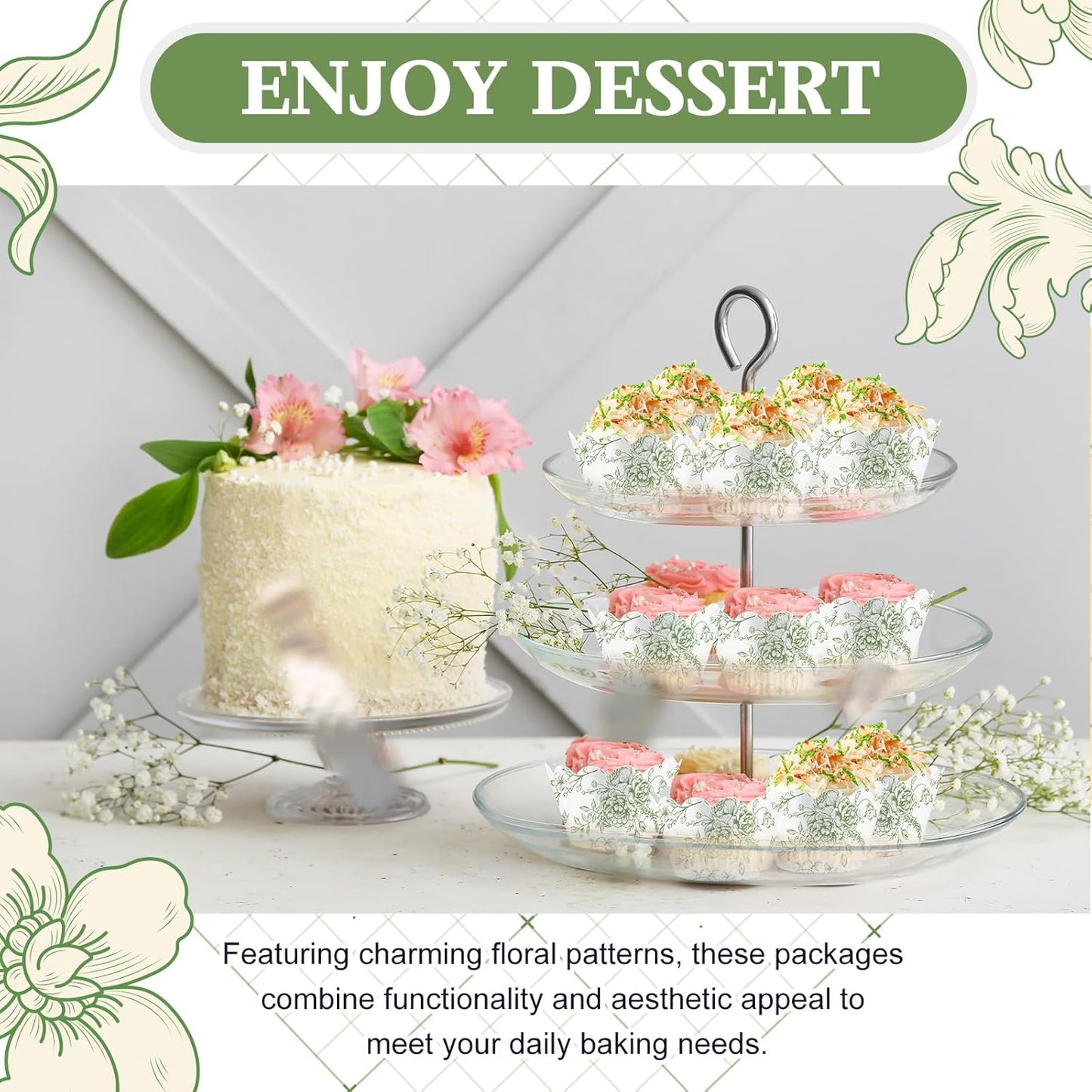 Domensi 100 Pcs Cupcake Wrappers Rustic Cupcake Liners Baking Cups Baking Liners for Wedding Bridal Baby Shower Birthday Party Supplies Dessert Decoration(Green, Floral)