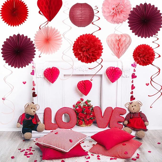 Pink-Red Burgundy Valentines-Day Galentines Party-Decorations - 22pcs Be Mine Love Banner,Paper Lanterns Honeycomb Balls,Tissue Pom Poms Flowers Fans,Happy Anniversary Decor Supplies Hugmoon