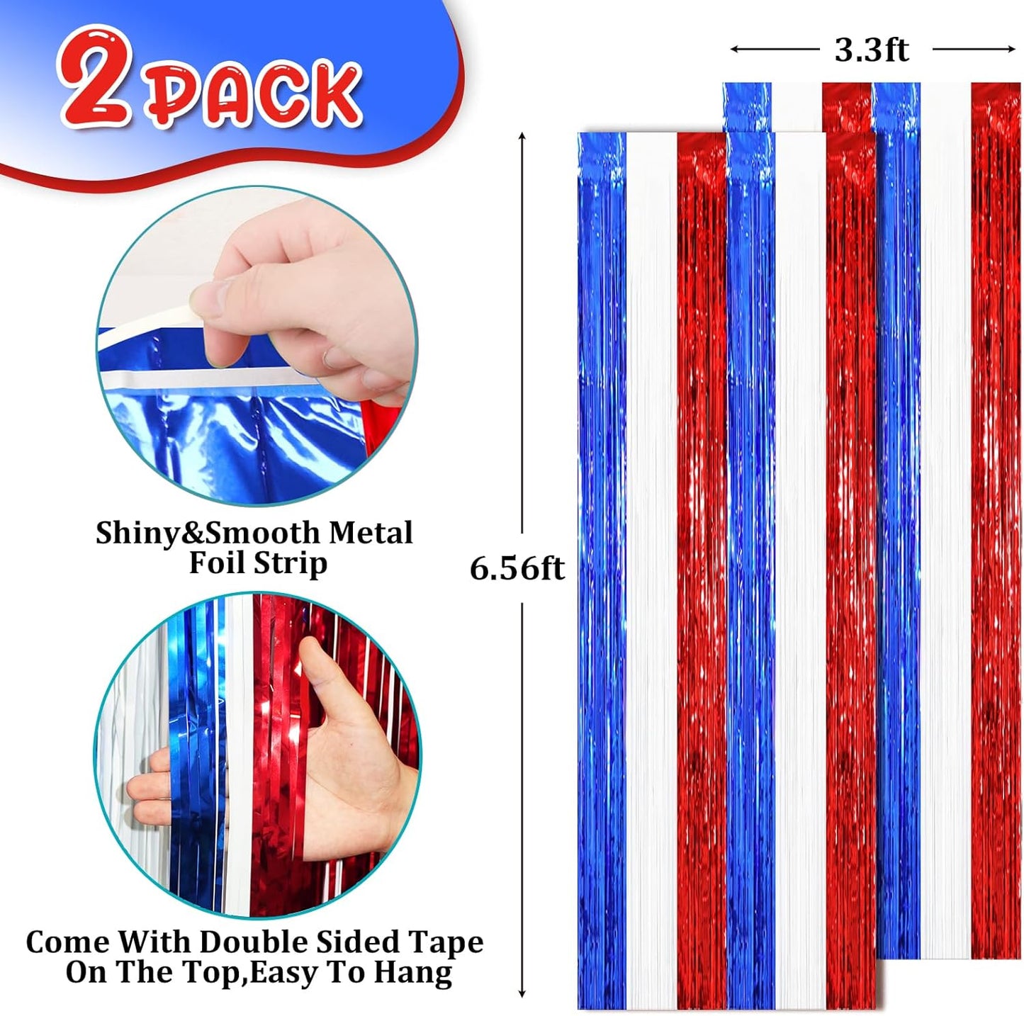 2 Pack Red White and Blue Tinsel Foil Fringe Curtains, 4th of July Decorations, Metallic Tinsel Party Streamers Backdrop for Patriotic, Memorial Day, Independence Day Party Decorations