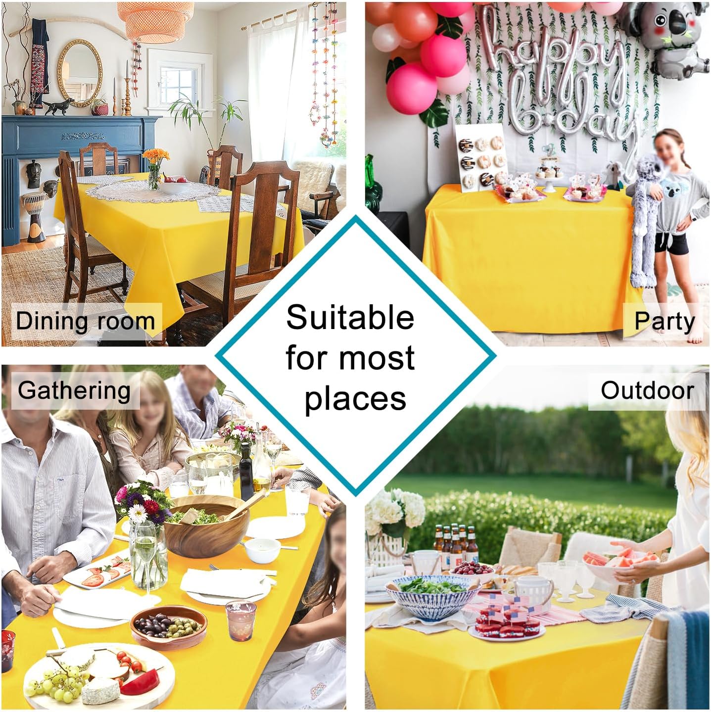 Hiasan Waterproof Tablecloth Rectangle - Washable Fabric Table Cloth for Dining Room Kitchen Birthday Party and Outdoor Use, Yellow, 54 x 80 Inch