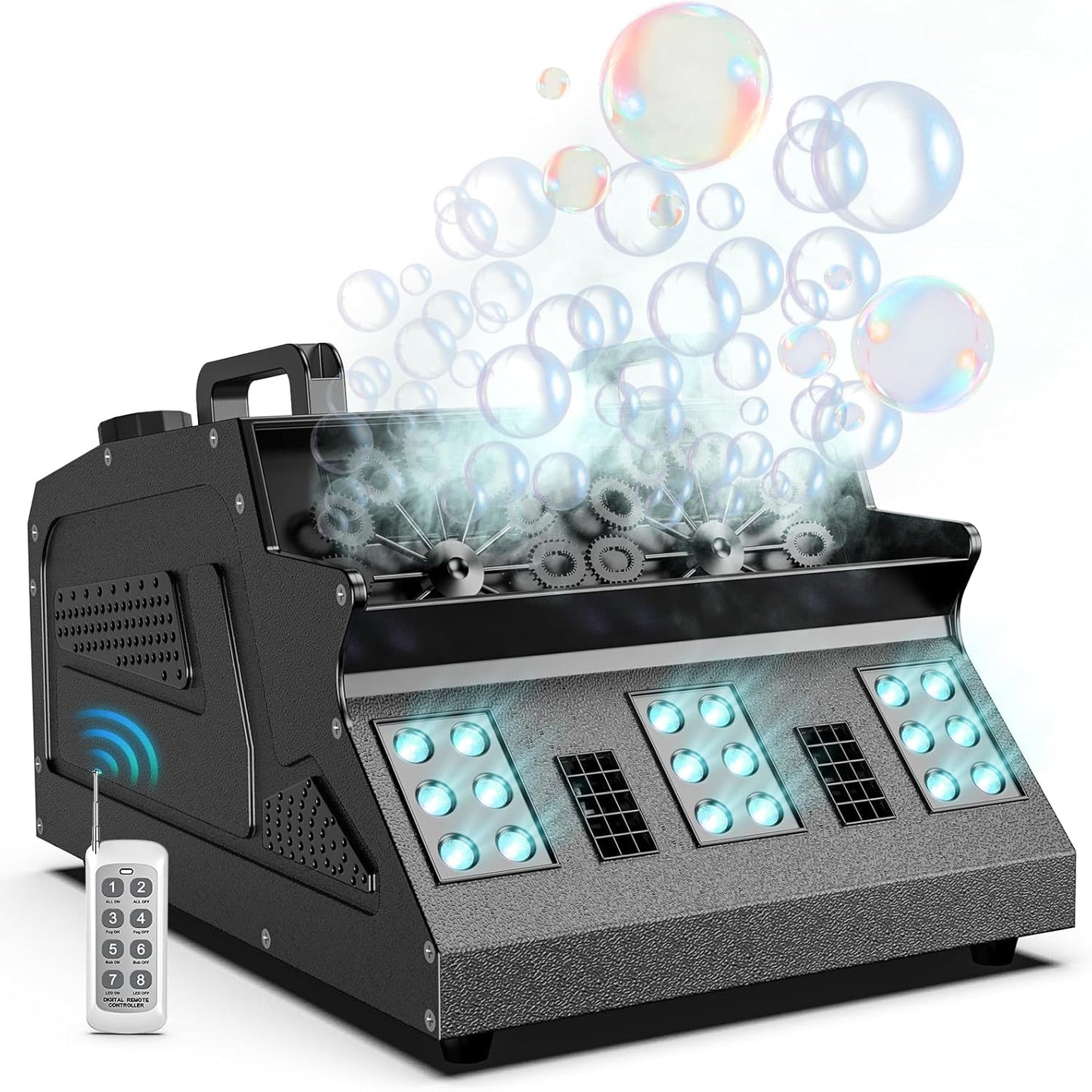 2000W Fog Machine, 3 in 1 Fog Bubble Machine with 2 Bubble Fans, 18 RGB LED Lights Smoke Bubble ALL IN ONE Fog Machine, Bubble Machine for Halloween Christmas Party Wedding Birthday