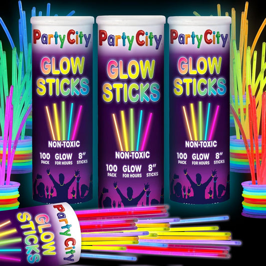 Party City 300 Glow Sticks Bulk Party Pack 8”– Neon Glow in the Dark Party Supplies, Glowsticks with Connectors Bracelets & Necklaces, Light Up Favors for Kids, Adults, Birthdays, Parties, Decorations