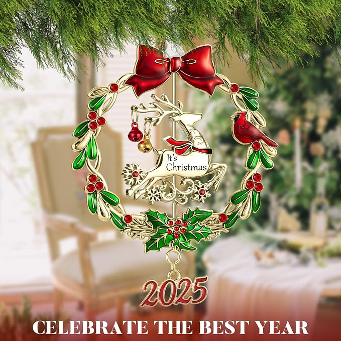 Christmas Tree Ornament Metal Silver Hanging Rotatable Design Charm Holiday Decorative Pendant Gift Keepsake (2025 Deer & Golden)