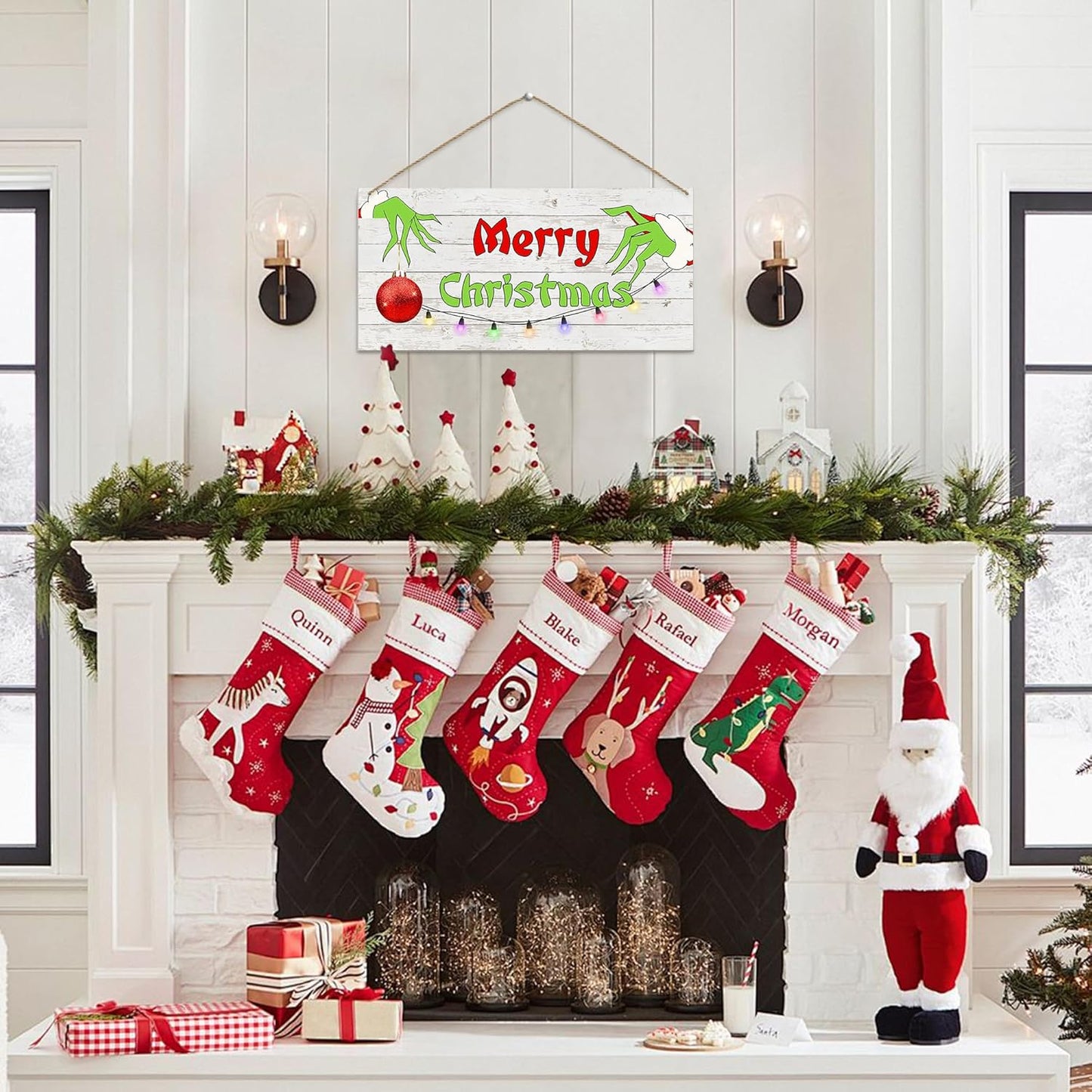 Merry Christmas Hanging Door Sign, Crazy Funny Green Festive Wooden Wall Welcome Decor Winter Farmhouse Style Outdoor Indoor Xmas Tree Ornaments for Home Office Holiday Party