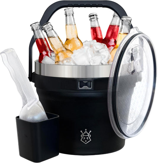 Insulated Ice Bucket with Lid & Scoop-XL Double-Walled, bar Essentials for Entertaining, Holiday Party, Stainless Steel Wine Chiller, Beverage Tub with Handle, Bottle Opener, Great Gift (Black)